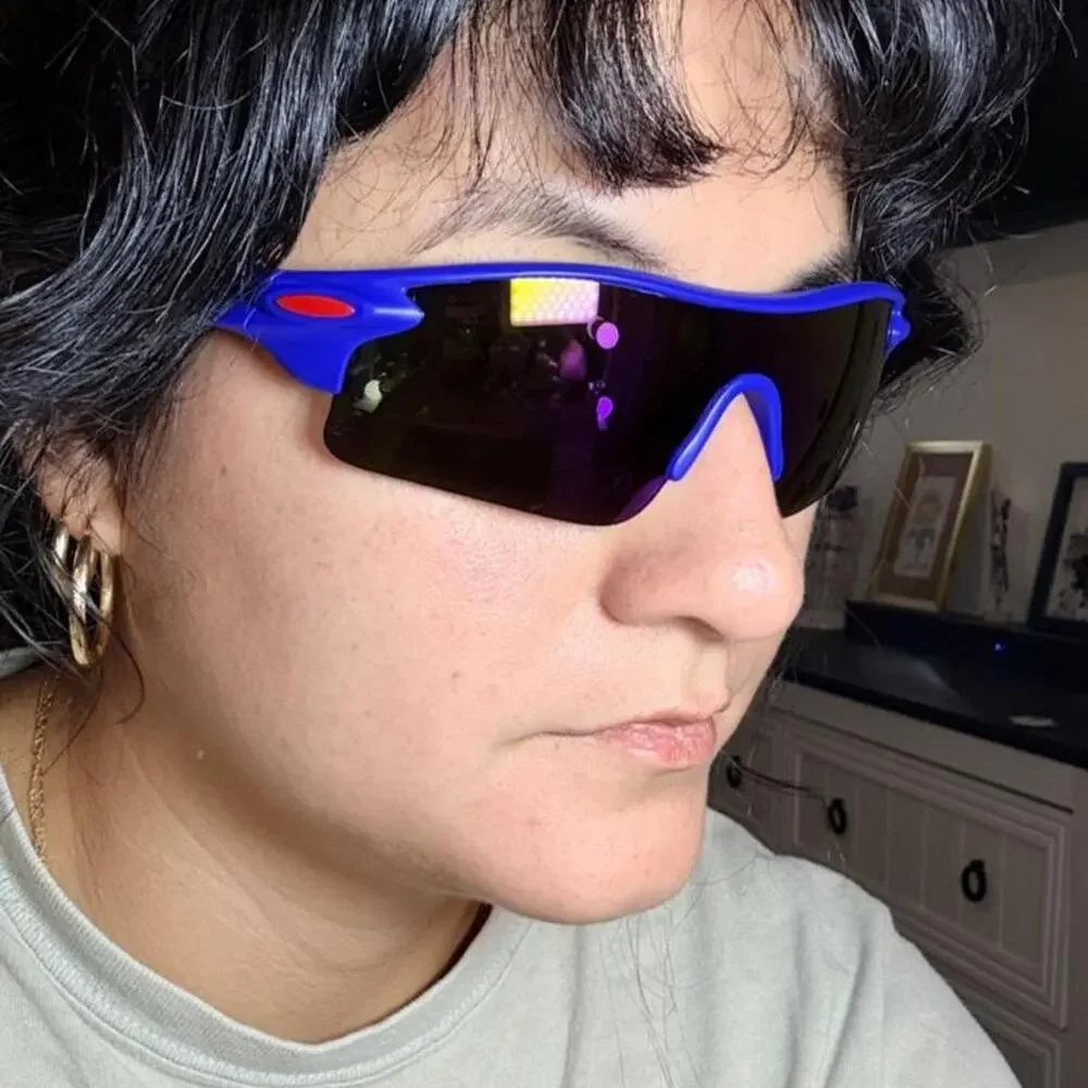 Electric blue wraparound shield sunglasses Y2k sporty cybercore moto festival